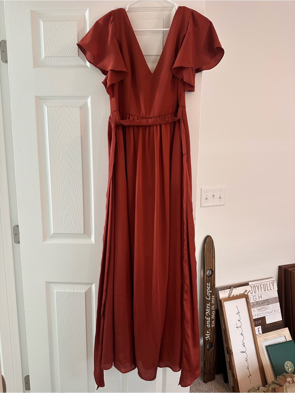 Flutter-Sleeve Maxi Bridesmaid Dress in Rust